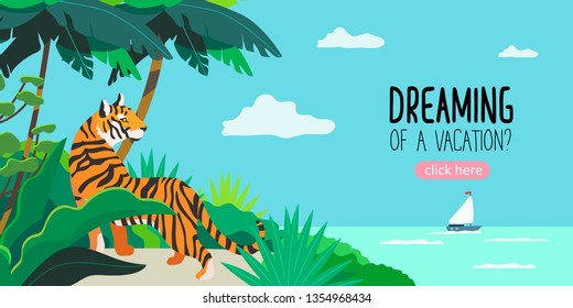 Summer theme banner with a sea, tiger and exotic plants. Creative banner for tour operator or travel agency.