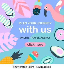 Summer theme banner. Vector illustration of objects and fruits issociated with summer holidays and vacation by the sea. Creative banner, landing page, flyer in a flat style.