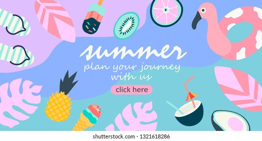 Summer theme banner. Vector illustration of objects and fruits issociated with summer holidays and vacation by the sea. Creative banner, landing page, flyer in a flat style.