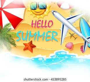 Tema de verano con ilustración de playa y avión