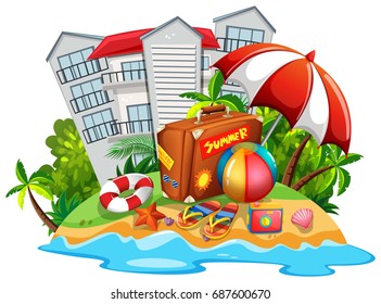 Tema veraniego con ilustración de playa y hotel