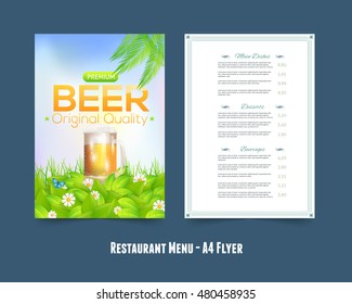 Summer Theme Beer Concept, A4 Style Restaurant Menu Vector Design