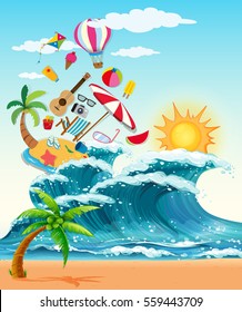 Tema de verano con grandes olas e ilustración del sol