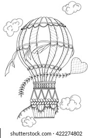 Summer theme. Black and white air balloon and doodle heart. Doodle romantic background. Zentangle inspired pattern with aerostat for coloring book pages for adults and kids.