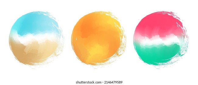 Summer theme blurred brush stroke circle backgrounds set with color gradient patterns. Orbs summertime collection for your seasonal graphic design. Beach, sun, watermelon. Vector illustration.