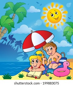 Summer theme with children on beach - eps10 vector illustration.