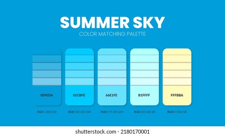 Summer theme color palettes or color schemes are trends combinations and palette guides this year, a table color shades in RGB or HEX. A color swatch for a spring fashion, home, or interior design