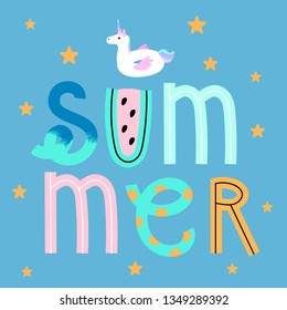 Summer Theme Colorful Greeting Card With Trendy Lettering And Unicorn Inner Tube.