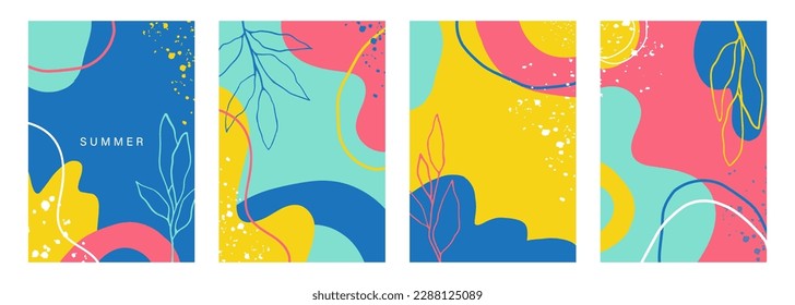 Summer theme cover templates. Summertime botanical backgrounds set. Hand drawn floral and abstract elements for your creative graphic design. Vector illustration.