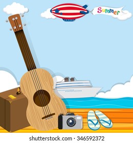 Tema de verano con ilustración de cruceros y objetos de viaje