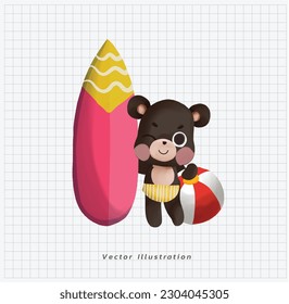 Tema de verano. lindo oso negro kawaii con pelota de playa y tabla de surf, prepárense para las vacaciones de verano ilustración vectorial