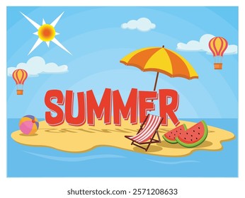 Summer theme featuring islands, beach umbrellas, watermelon slices and bright skies with balloons. Flat vector modern illustration 