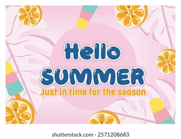 A summer theme featuring vibrant tropical fruits, Popsicle and decorative foliage in a cheerful arrangement. Perfect for seasonal graphics, party invitations or summer themed promotions. 