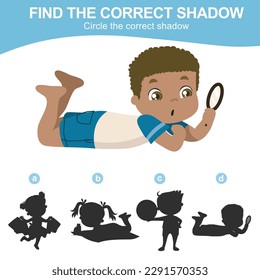 Summer theme find the correct shadow for kids. Find the shadow of a boy holding a magnifying glass. Vector illustrations file.