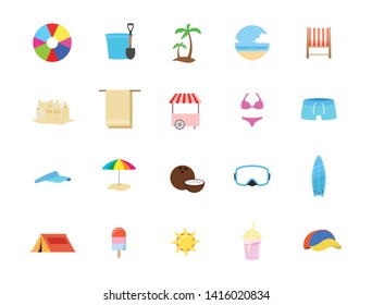 Summer theme flat icon set with beach ball, Beach toy, Sand castle,cap,beach chair, cap,bikini, Beach umbrella 