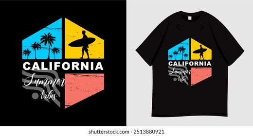 Summer Theme Graphic T -Shirt Design. Beach symbols, sunset, ocean, palm tree silhouettes and surfing. Print for clothes, wear, tee. Vector illustration