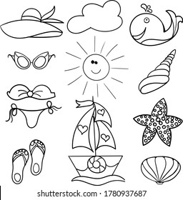 Dibujos de la mano del tema de verano. Doodles blancos y negros sobre la temática del mar, la playa del sol. Vector. Libro de colorear para adultos y niños. Esbozo de dibujo a mano libre. 