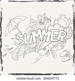 Summer theme hand lettering and doodles elements background. Vector illustration