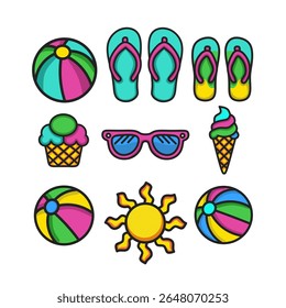 Summer theme icon collection, sandals, beach, beach ball, ice cream, glasses icons suitable for holiday illustrations, posters, children, summer doodle icons 