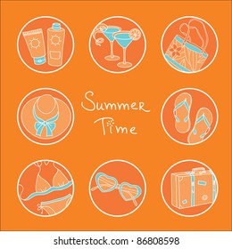 Summer theme icon set -Circles with different symbols of summer time