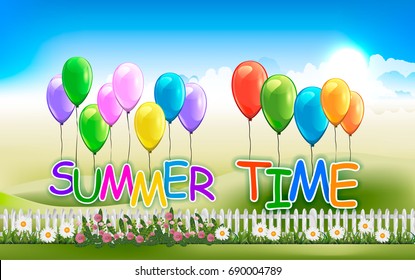 Summer theme illustration. Meadows, balloons, grass, flowers, fence, clouds. Summer time inscription.
