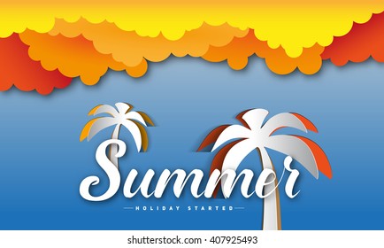 Summer theme, inscription word, papercut style with clouds and palms. Vector background illustration 