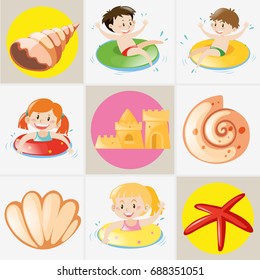 Summer theme with kids and seashells illustration