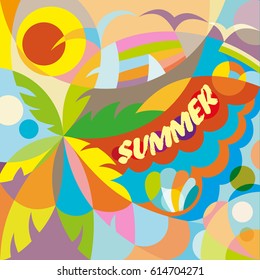Summer theme with palm trees and bright Sun on yellow and blue background, illustration.