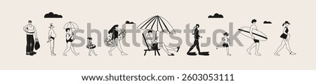 Summer theme. People of different ages and gender are walking along the beach. Trendy vector illustration.