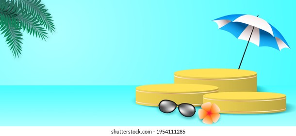 Summer theme product display podium. Design with tropical leaves on colorful background. paper art style. Vector.