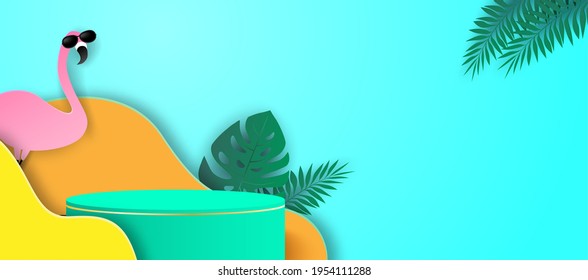 Summer theme product display podium. Design with tropical leaves on colorful background. paper art style. Vector.