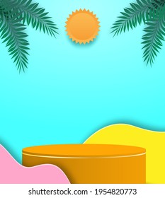 El podio de la exposición de productos de verano. Diseño con hojas tropicales sobre fondo colorido. estilo de arte de papel. Vector.