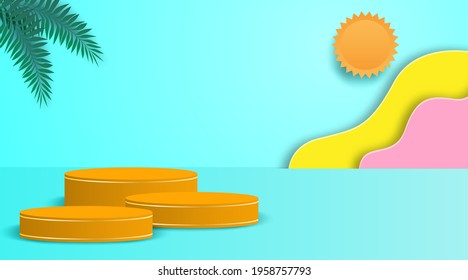 Summer theme product display podium. Design with tropical leaves on colorful background. paper art style. Vector.