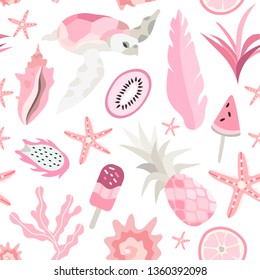 Summer theme seamless pattern with exotic fruits, animals and plants isolated on a white background that can be used for wrapping, wallpaper design, fabric and textile. Vector illustration.