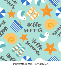 Summer theme seamless pattern with Hello summer handwriting, starfish, seagull,  tote bag, seashell and beach sandal, flat design