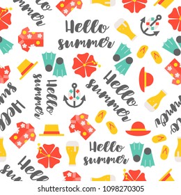 Summer theme seamless pattern, hibiscus flower, beer jug, Hawaii shirt, beach sandals, swim fin, beach straw hat, hello summer hand writing