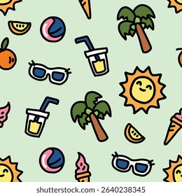 Summer theme seamless pattern. Smiling sun, sunglasses, ice drink, ice cream, and orange.