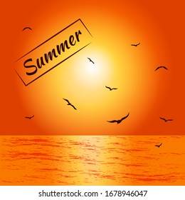 Summer theme, seascape. Seagulls on the background of the sea and sunset. Vector illustration with text Summer. For message, postcard, signboard, banner, textile, flyer.EPS10