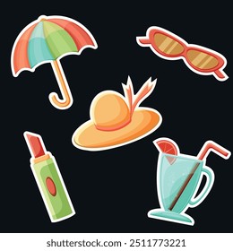 Summer theme. Set of stickers, hats, lipstick, sun umbrella, cold cocktail, sunglasses.	
