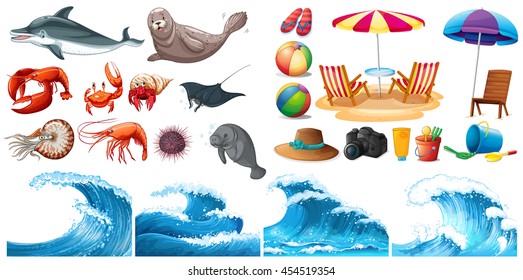 Summer theme set with waves and sea animals illustration