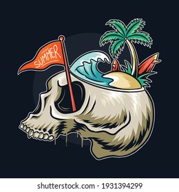 summer theme skull head with the concept on its head there is a beach with sea waves, coconut trees and surf boards. artwork vector with editable layers