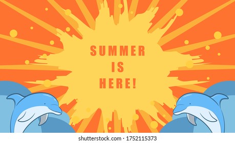 Afiche de fondo de la plantilla de tema de verano con delfines lindos y puesta de sol