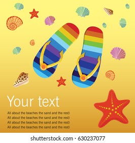 summer theme: top view beach with sea shelves and shoes