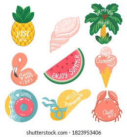 Summer theme vector icons. Hand drawn illustrations of ice cream, pine apple, crab, hat, palm tree, flamingo, sea, watermelon, shell