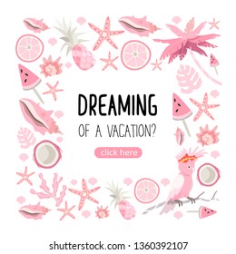 Summer theme vector illustration frame with exotic fruits, animals, palm tree and sea shells on a white background.