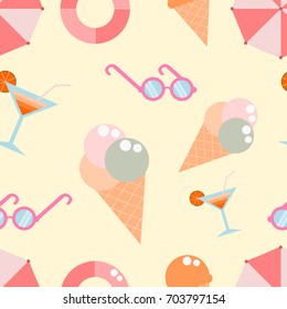 Summer theme vector seamless background design with ice cream cones, glasses, orange juice, life rings and umbrella on yellow pastel background