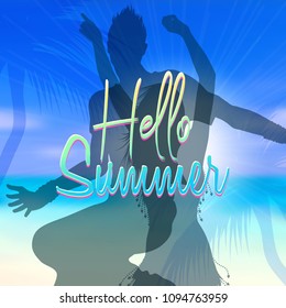 Summer themed background with blurred beach scene and dancing people silhouettes