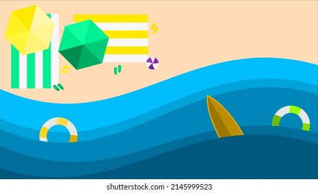 summer themed background. holiday. blue ocean waves. Beach scenery. beach umbrella. ball. lifebuoy. tropical.