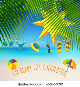 Summer themed background with palm leaves and accessories of sunbathing activity. Colorful vector illustration. Summertime tropical design. Sunbathing activity template for advertisement, promotions.