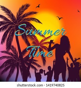Summer themed background with palm trees and dancing people silhouettes on  beach
